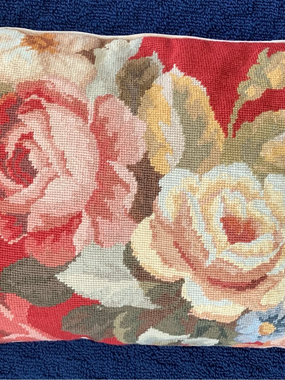 (2) VTG Floral Needlepoint Pillows 19” X 14”Velvet Backing Grandmacor